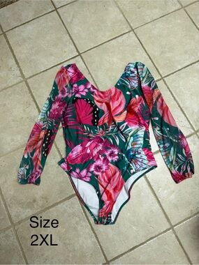 Girls' Teal & Pink Floral Long-Sleeve One-Piece Swimsuit